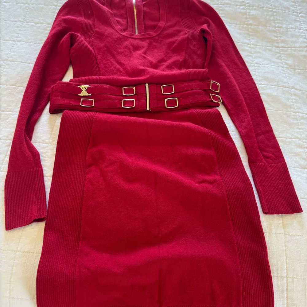 Cache Red Long Sleeve Dress with Gold Buckles XS